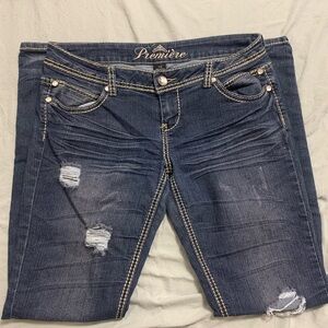 Premiere Denim Blue Skinny Jeans with Distressed Details